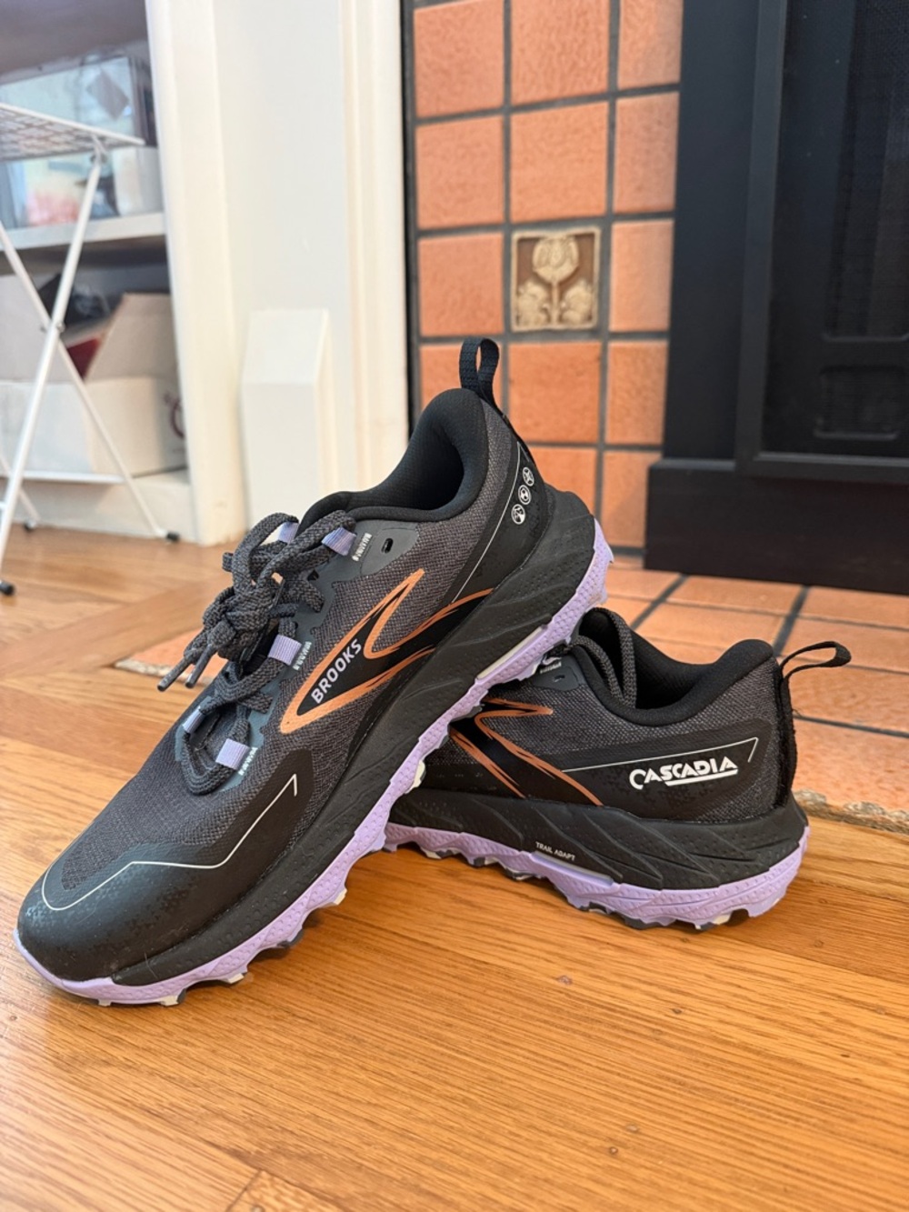 Brooks Cascadia Trail Running Shoes — Black with Lavender and Copper Accents